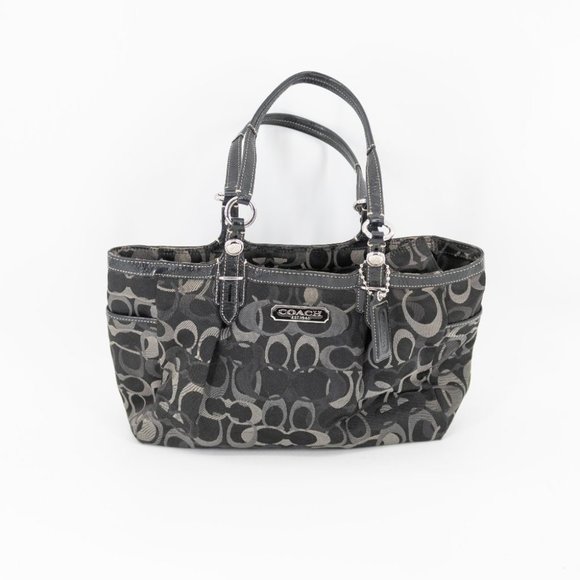 Coach Black/Silver Jacquard Signature Logo Zip Top Handbag Purse F1072 - Picture 1 of 11